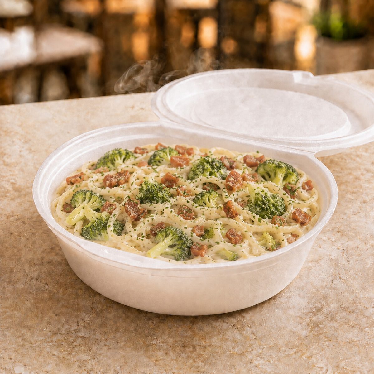 Macarrão ao Molho Branco com Brócolis e Bacon